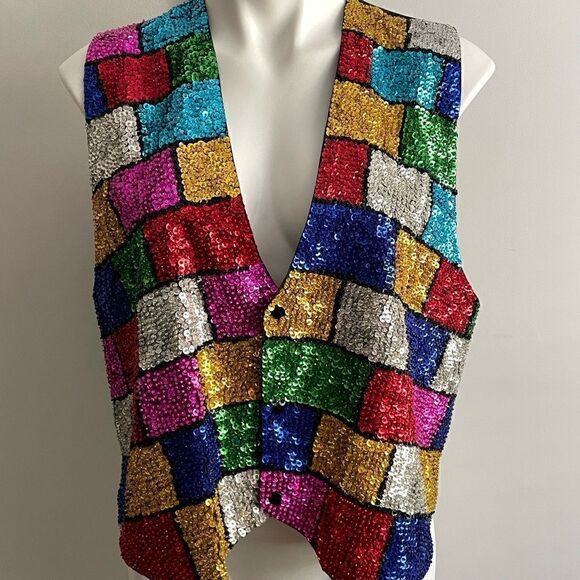 Vintage Rainbow Sequin Vest by Bali Gem, Size S/M - Picture 2 of 9